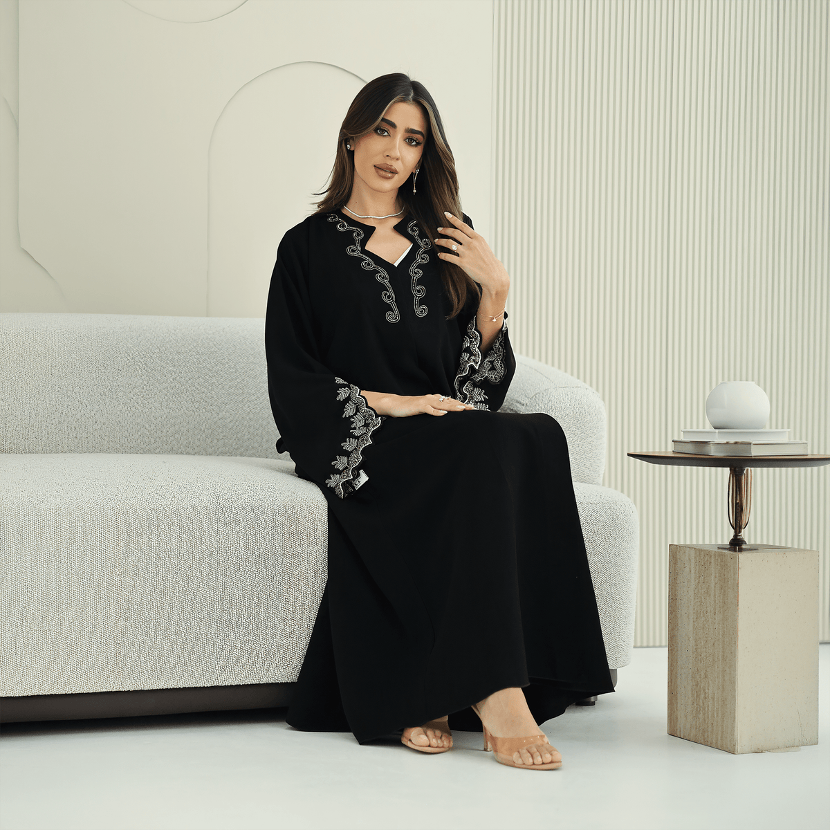 R265 Korean Barbie Abaya | Elegant Tarsiz & Bead Work Abaya Abaya for Women UAE – Abaya – Rutba Fashion Abaya