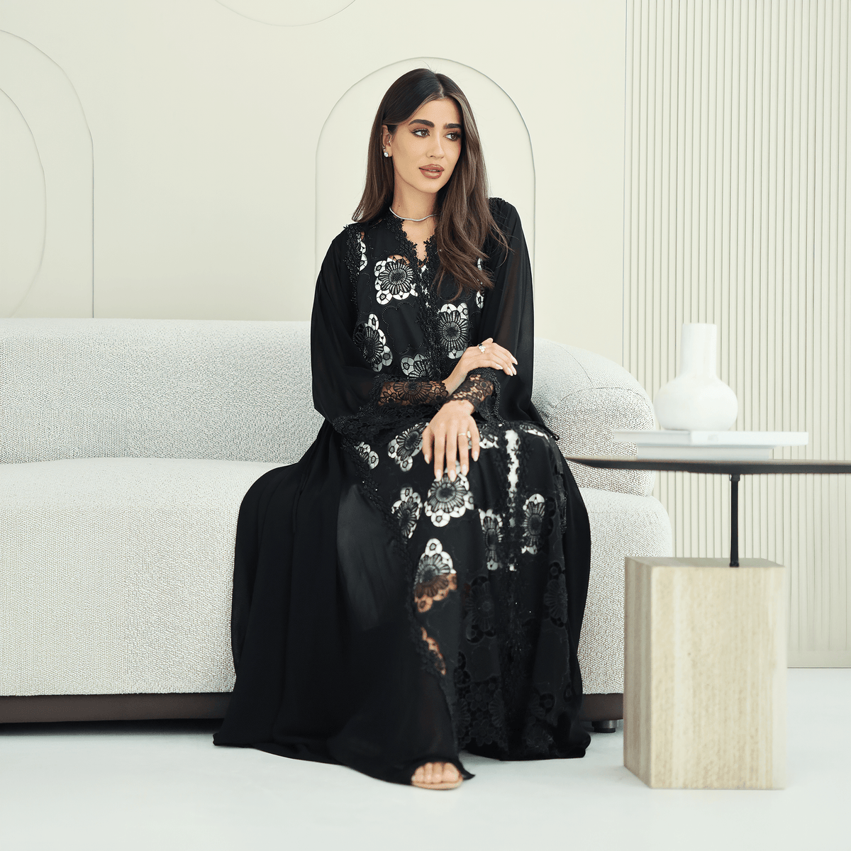 R273 Dantail Chiffon Abaya – Bead Work & Embroidered Design Abaya for Women UAE – Abaya – Rutba Fashion Abaya