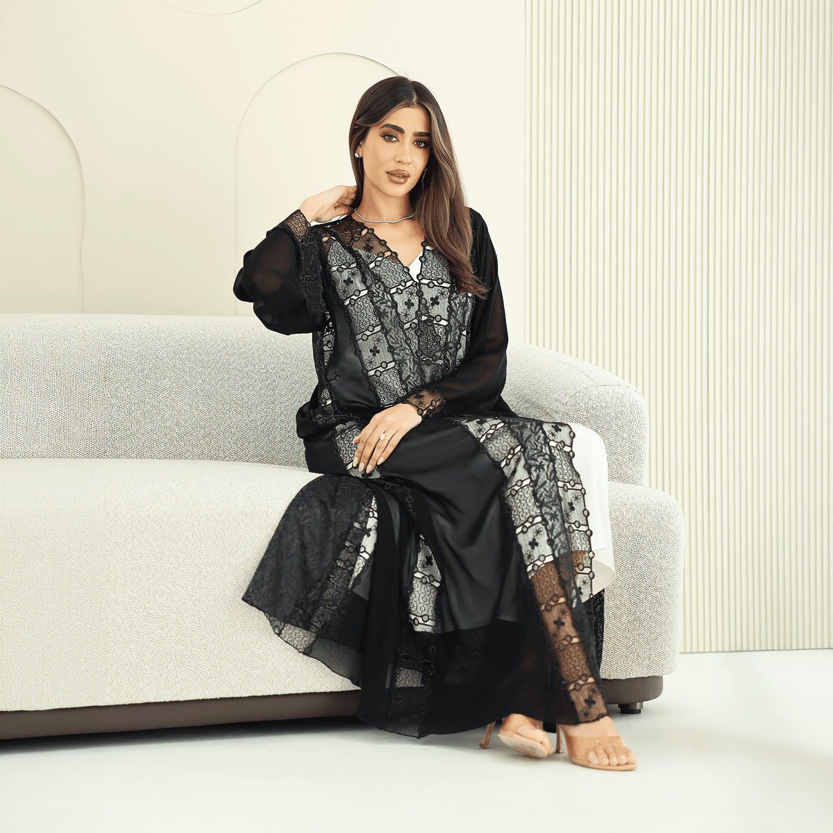 R274 | Luxury Dantail Abaya – Stone & Lace Embellished Abaya for Women UAE – Abaya – Rutba Fashion Abaya