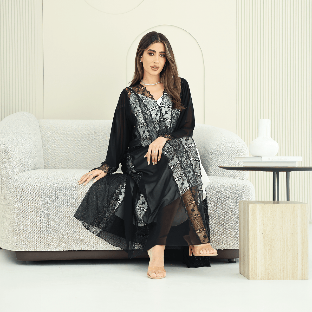 R274 | Luxury Dantail Abaya – Stone & Lace Embellished Abaya for Women UAE – Abaya – Rutba Fashion Abaya