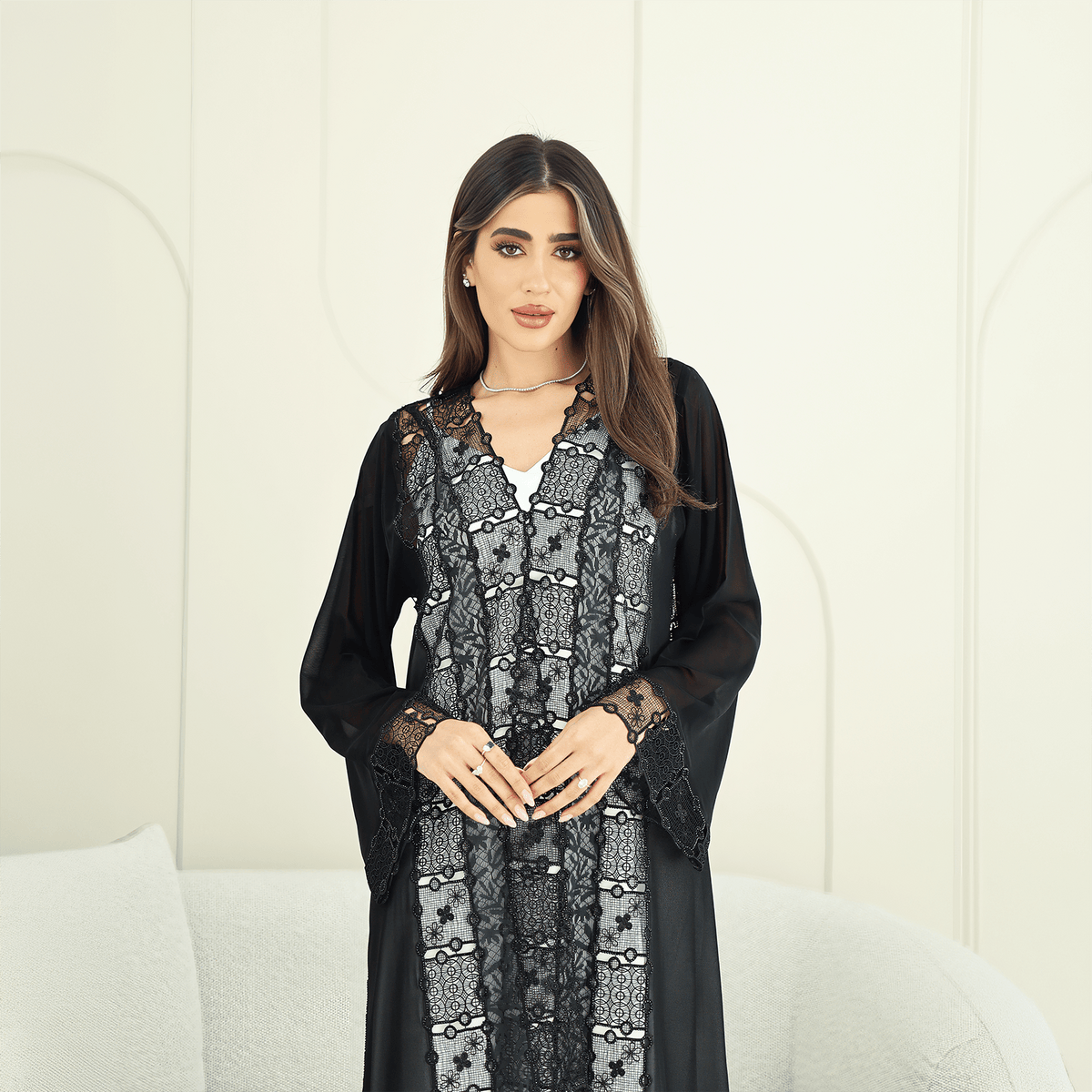 R274 | Luxury Dantail Abaya – Stone & Lace Embellished Abaya for Women UAE – Abaya – Rutba Fashion Abaya