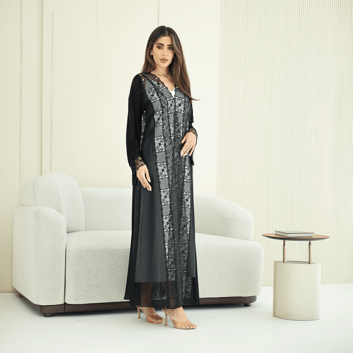 R274 | Luxury Dantail Abaya – Stone & Lace Embellished Abaya for Women UAE – Abaya – Rutba Fashion Abaya