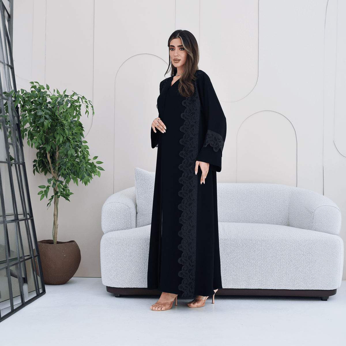 R276 | Laser Cutting Lace with Stone Work Abaya Abaya for Women UAE – Abaya – Rutba Fashion Abaya