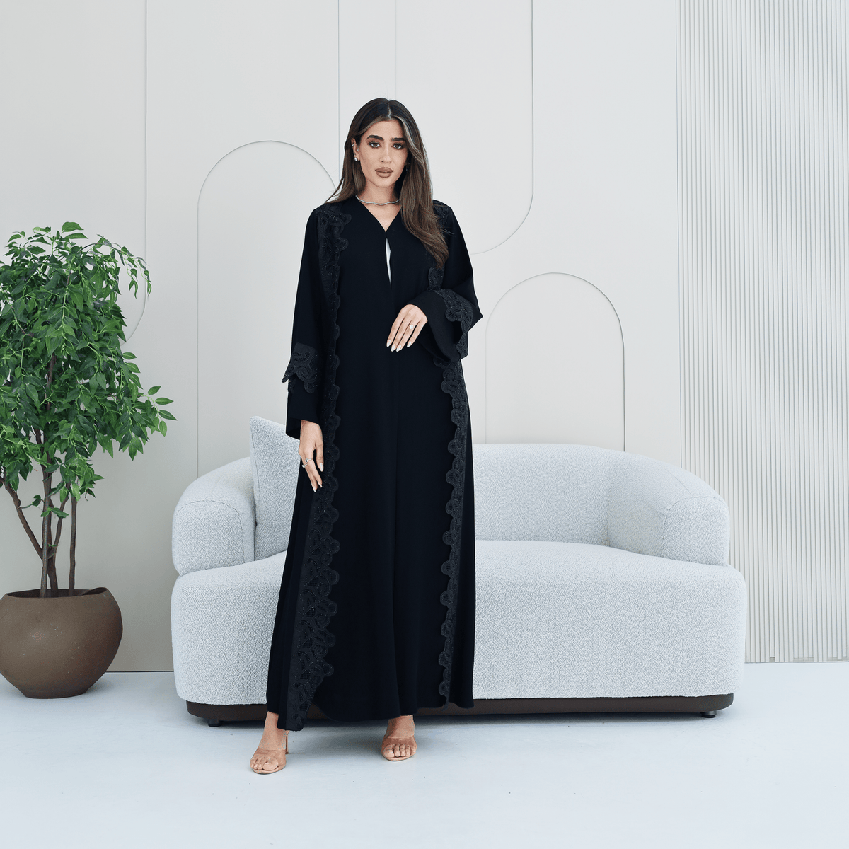 R276 | Laser Cutting Lace with Stone Work Abaya Abaya for Women UAE – Abaya – Rutba Fashion Abaya