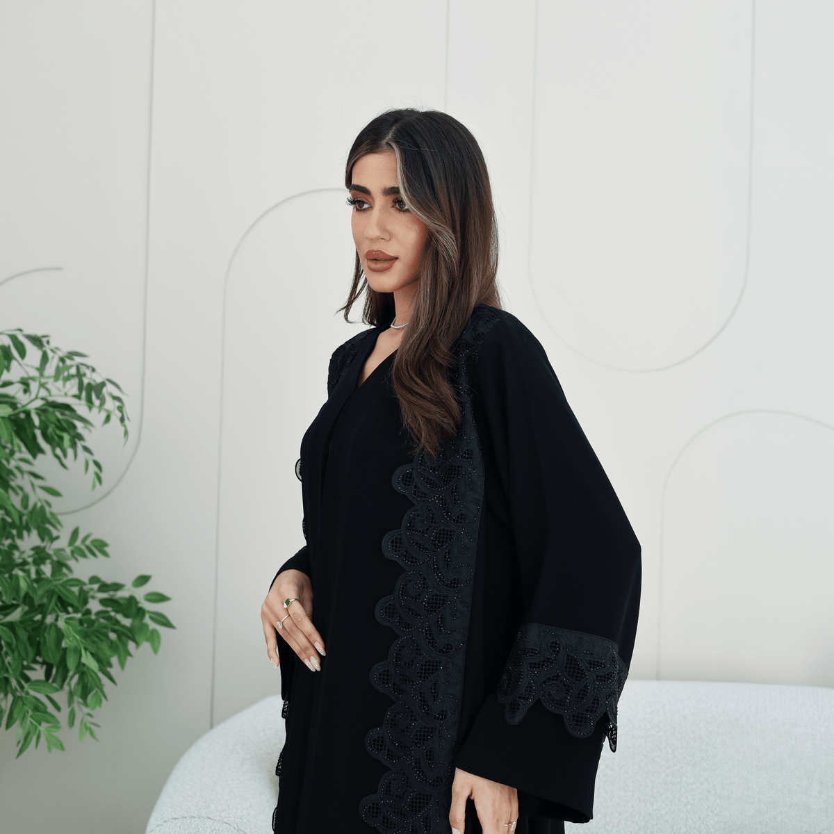 R276 | Laser Cutting Lace with Stone Work Abaya Abaya for Women UAE – Abaya – Rutba Fashion Abaya