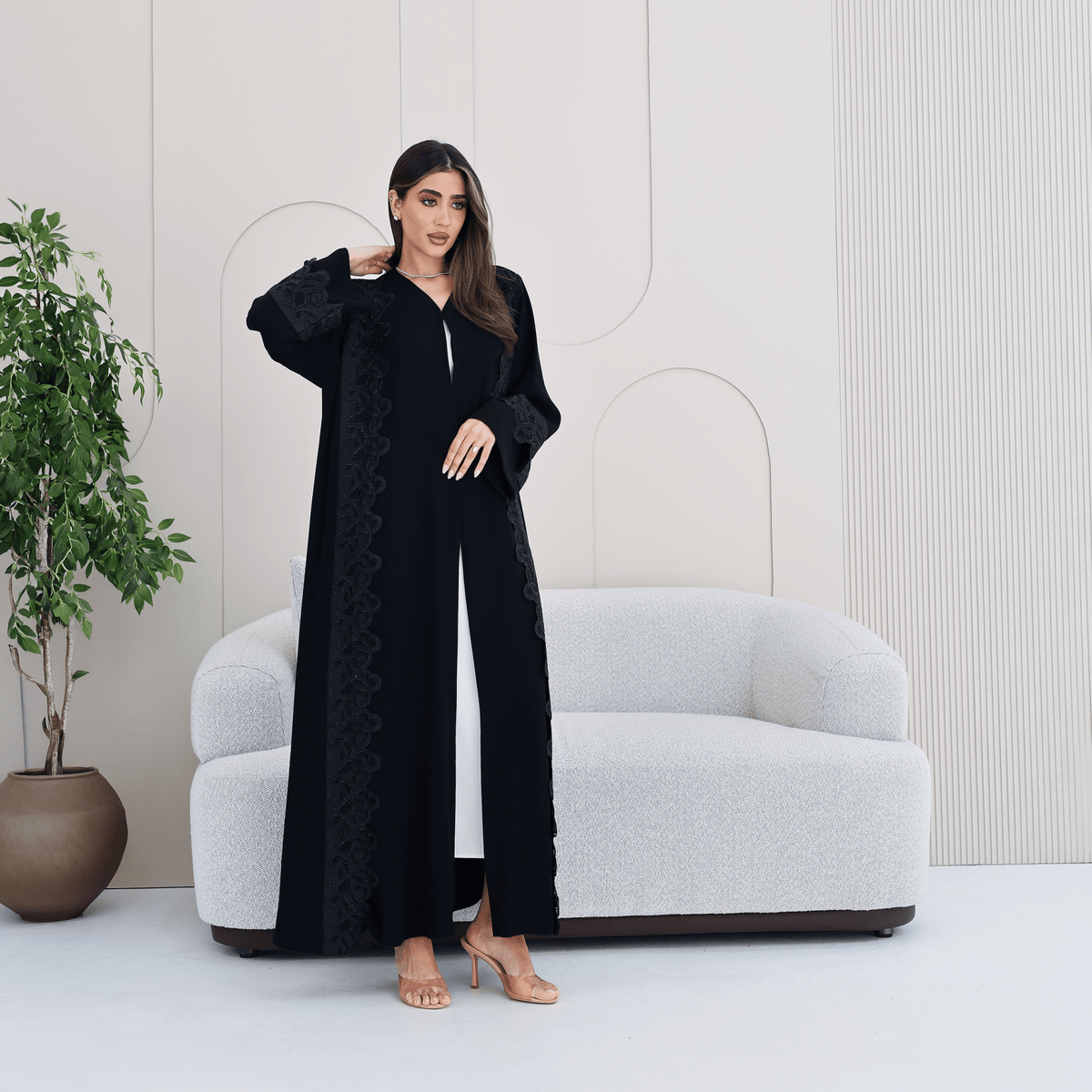 R276 | Laser Cutting Lace with Stone Work Abaya Abaya for Women UAE – Abaya – Rutba Fashion Abaya