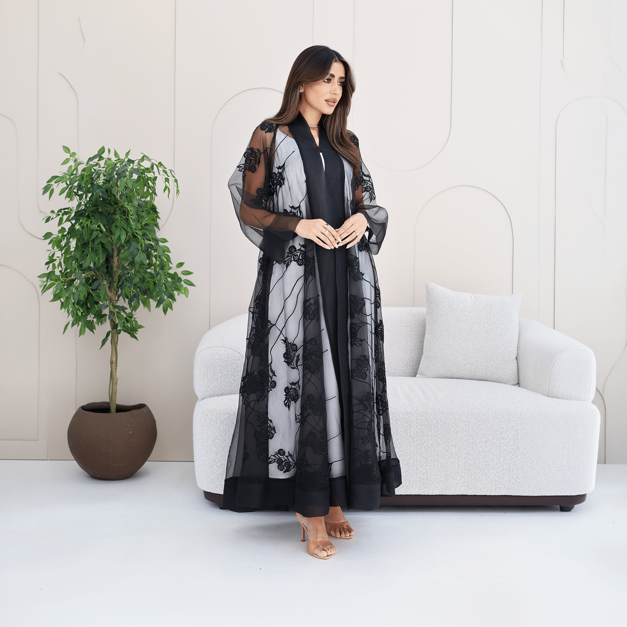 R279 | Luxury Abaya – Leaf Embroidery with Stone Work Abaya for Women UAE – Abaya – Rutba Fashion Abaya