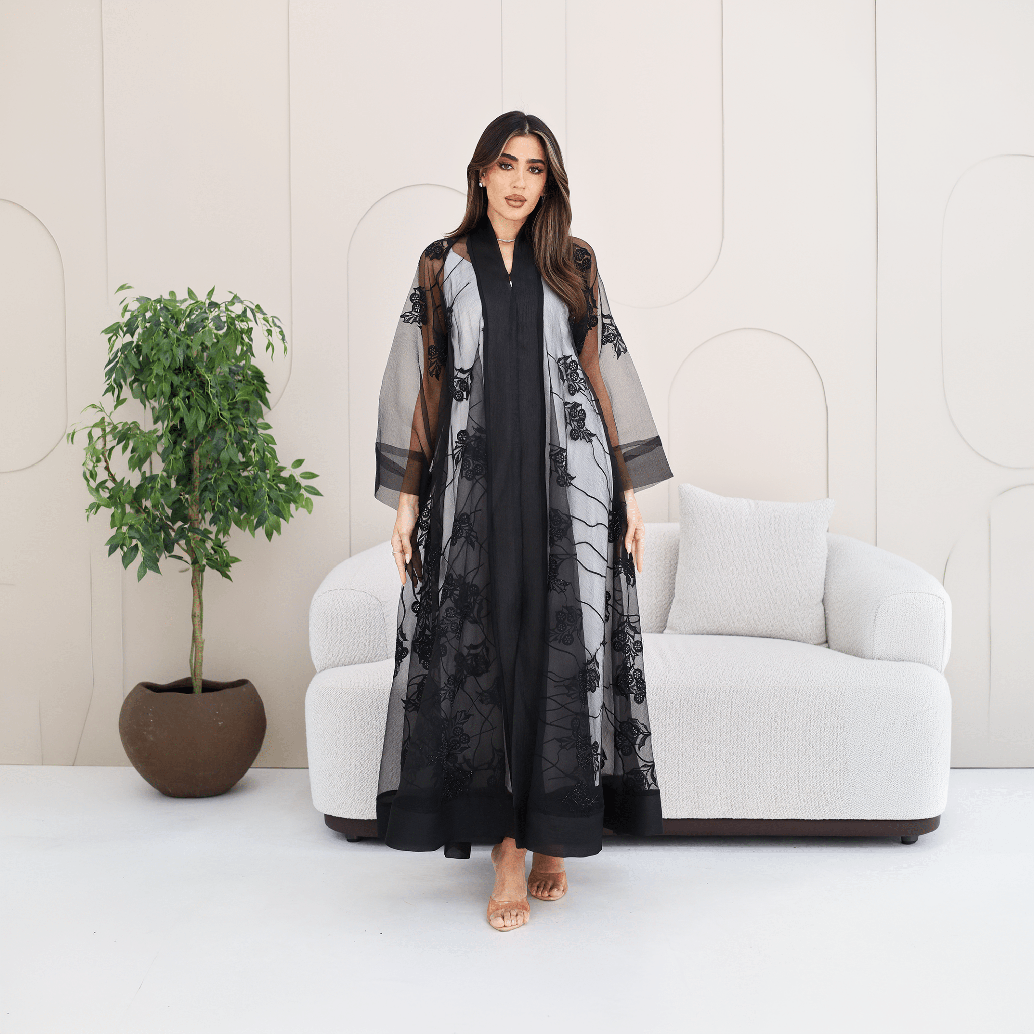 R279 | Luxury Abaya – Leaf Embroidery with Stone Work Abaya for Women UAE – Abaya – Rutba Fashion Abaya