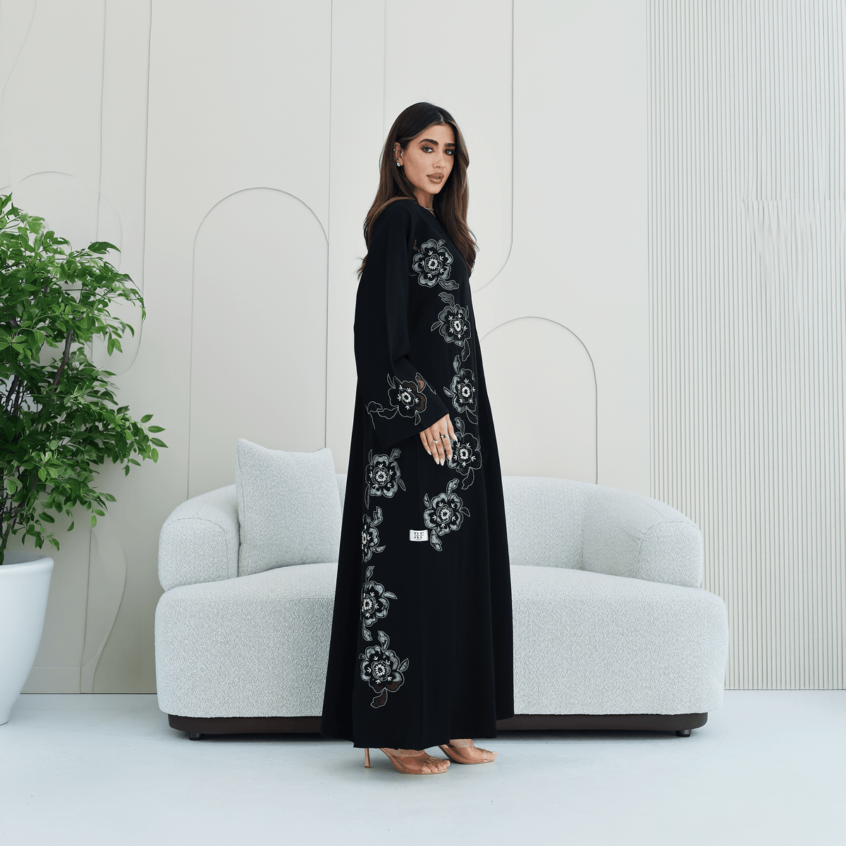 R280 | Abaya – Flower Laser Cut with Embellishments Abaya for Women UAE – Abaya – Rutba Fashion Abaya
