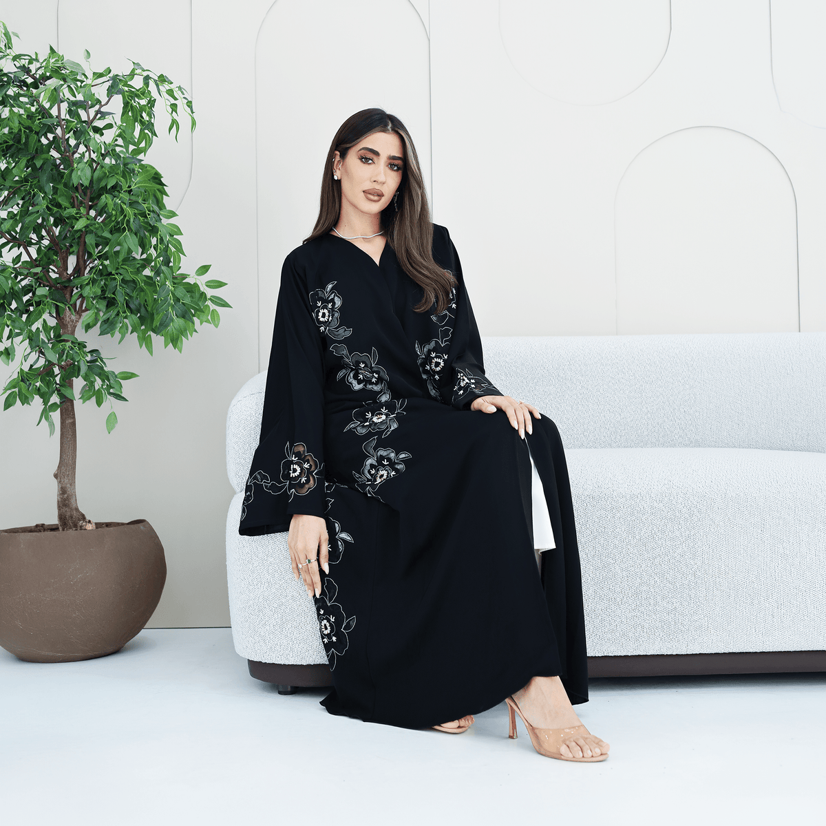 R280 | Abaya – Flower Laser Cut with Embellishments Abaya for Women UAE – Abaya – Rutba Fashion Abaya