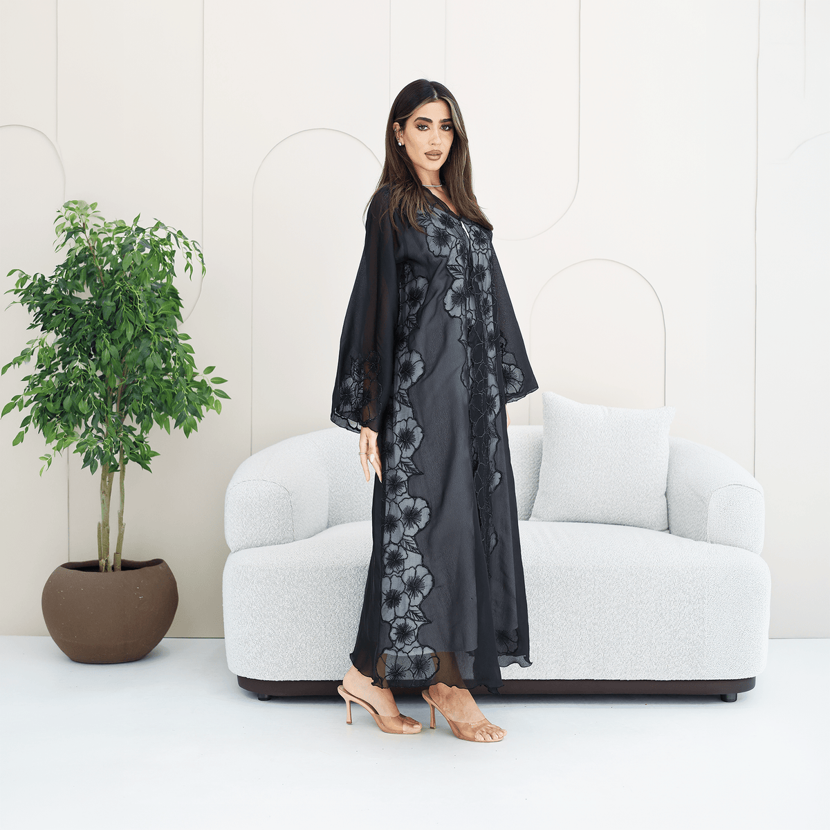 R285 | Elegant Abaya – Flower Embroidery Lace with Handmade Beads Work Abaya for Women UAE – Abaya – Rutba Fashion Abaya