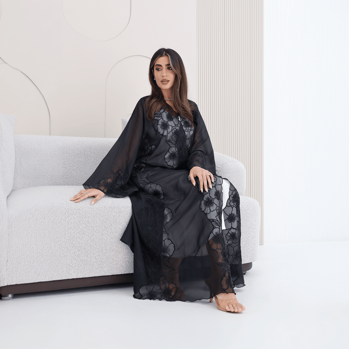 R285 | Elegant Abaya – Flower Embroidery Lace with Handmade Beads Work Abaya for Women UAE – Abaya – Rutba Fashion Abaya
