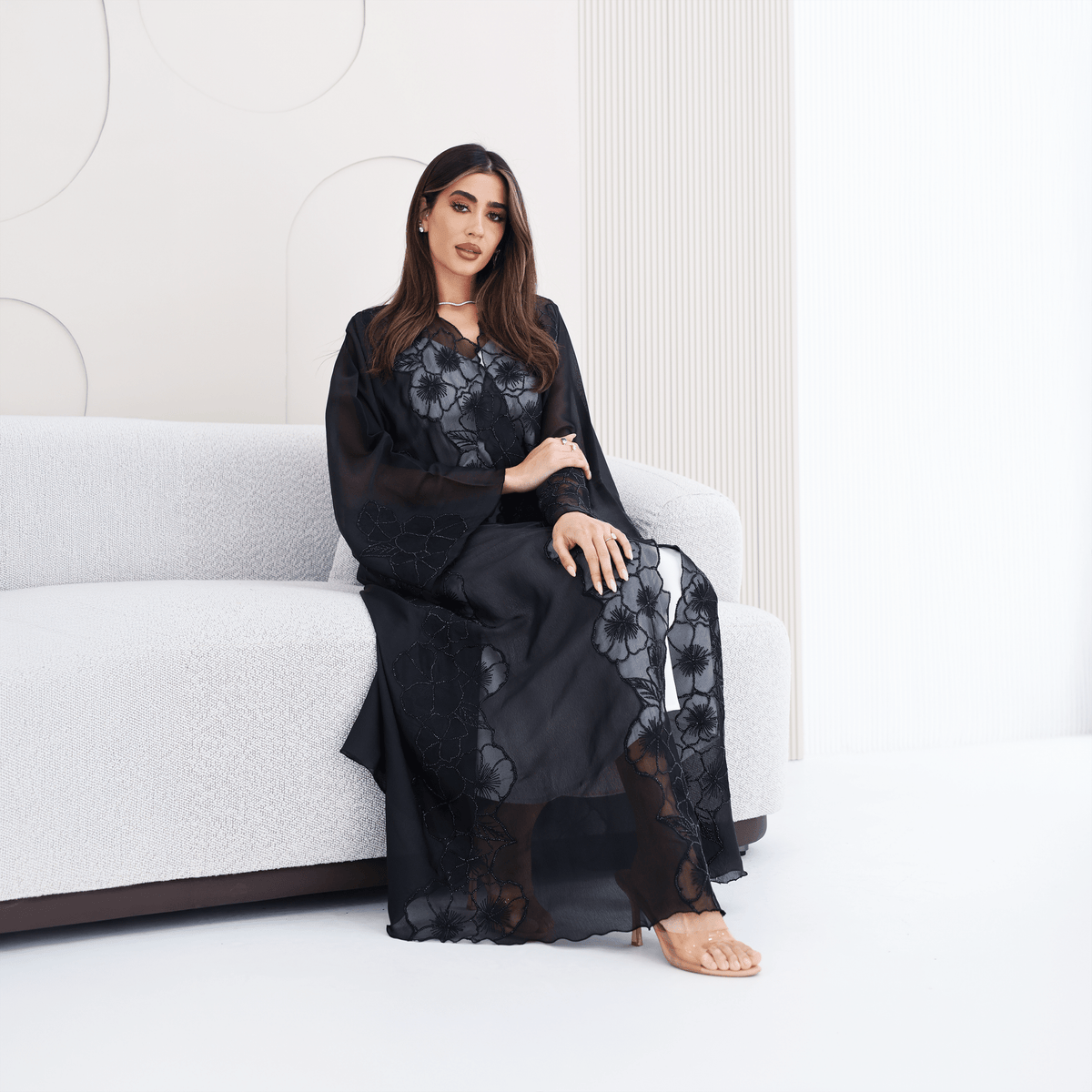 R285 | Elegant Abaya – Flower Embroidery Lace with Handmade Beads Work Abaya for Women UAE – Abaya – Rutba Fashion Abaya