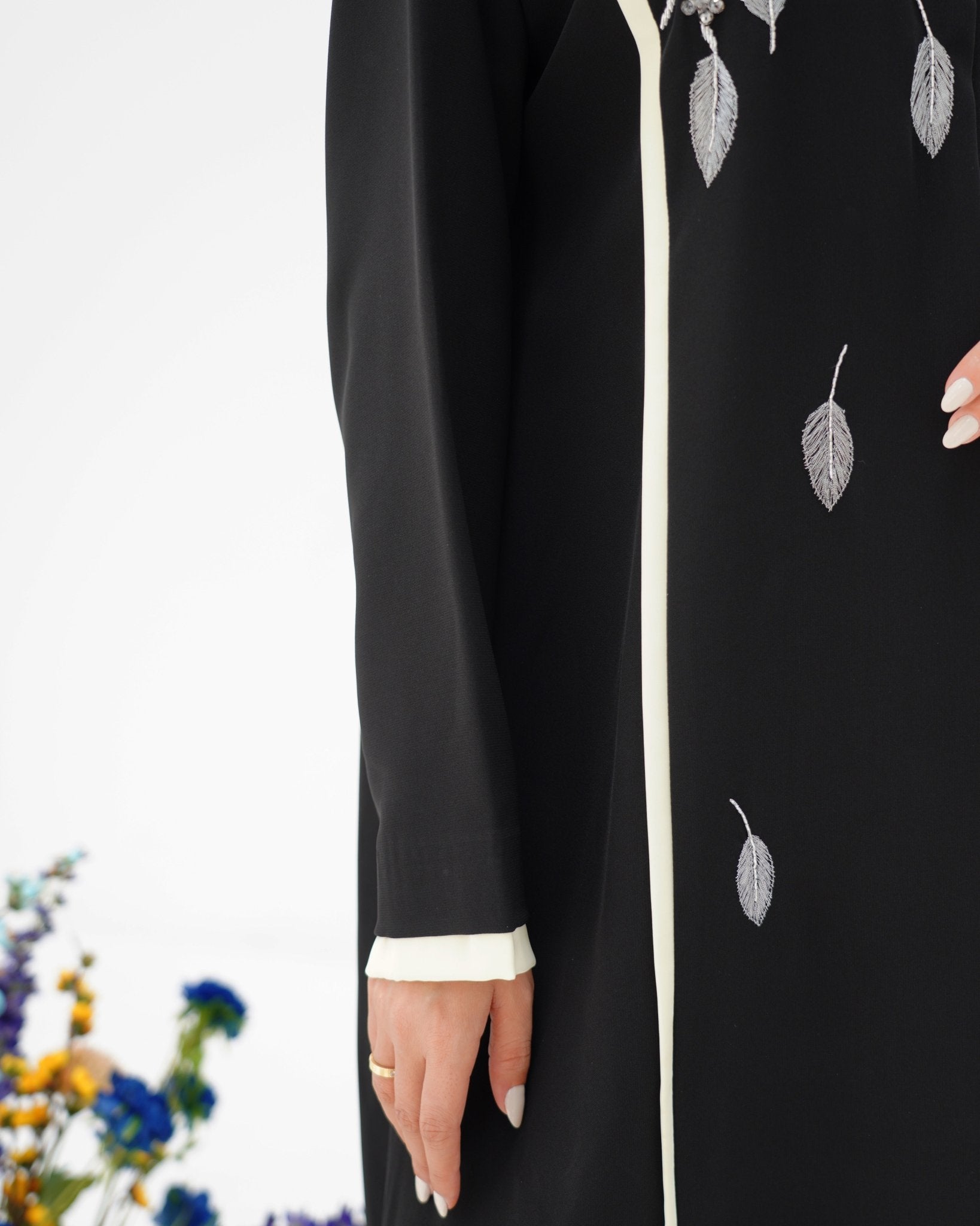 R294 Silver Leaf 🍂 Embroidery Design Black Abaya Abaya for Women UAE – Abaya – Rutba Fashion Abaya