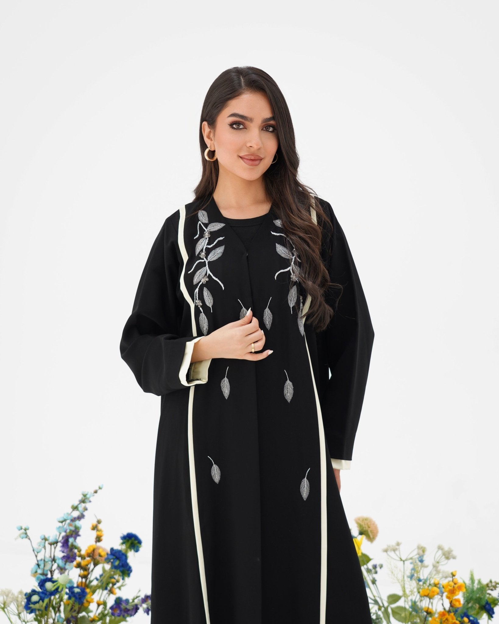 R294 Silver Leaf 🍂 Embroidery Design Black Abaya Abaya for Women UAE – Abaya – Rutba Fashion Abaya