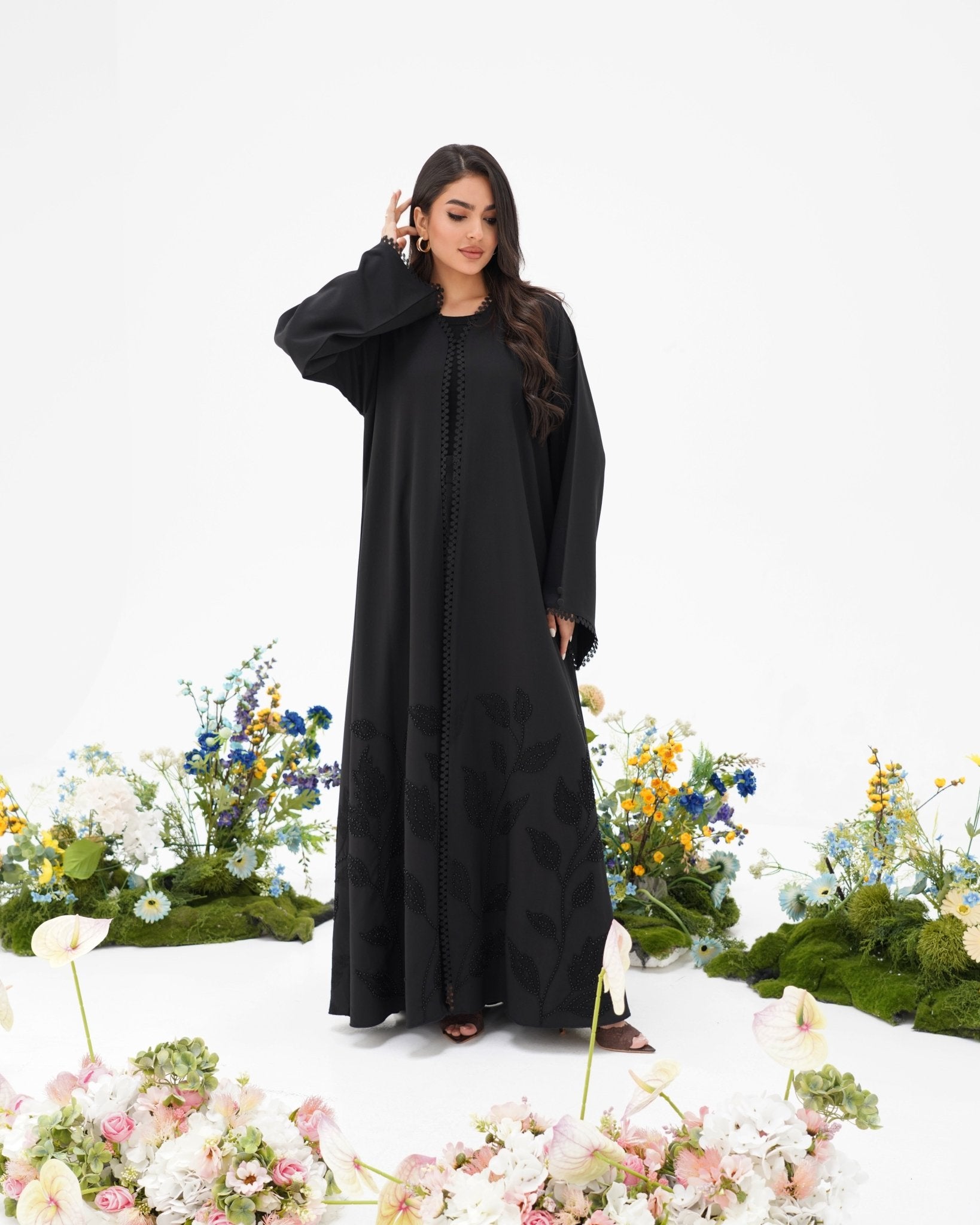 R295 Leaf Embroidery Black classic Abaya Abaya for Women UAE – Abaya – Rutba Fashion Abaya