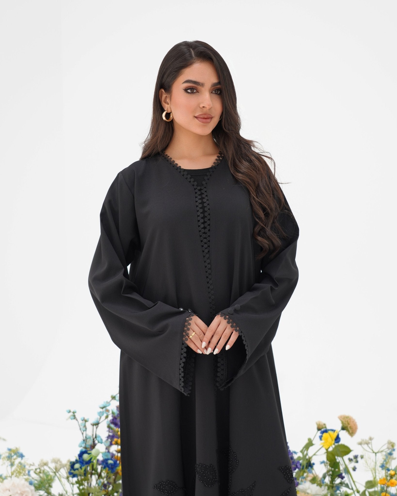 R295 Leaf Embroidery Black classic Abaya Abaya for Women UAE – Abaya – Rutba Fashion Abaya