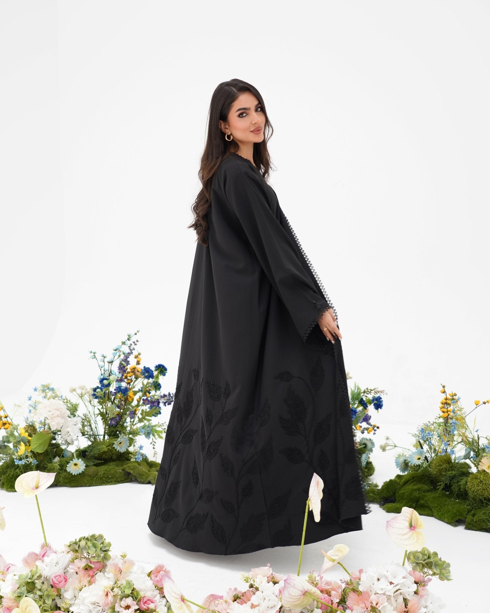 R295 Leaf Embroidery Black classic Abaya Abaya for Women UAE – Abaya – Rutba Fashion Abaya