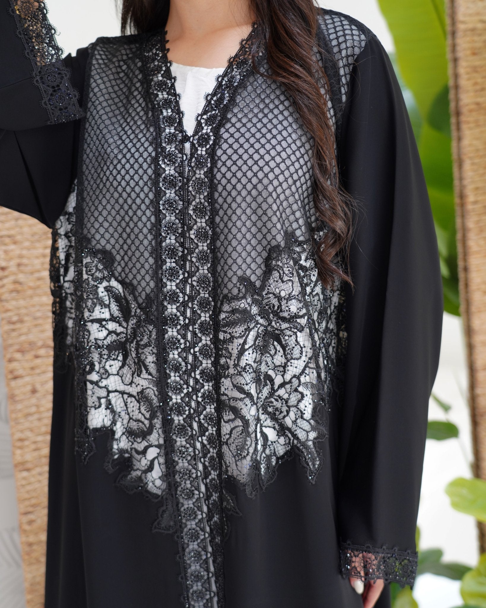 R300 Galaxy Dantel Black Abaya with stone Lace Abaya for Women UAE – Abaya – Rutba Fashion Abaya