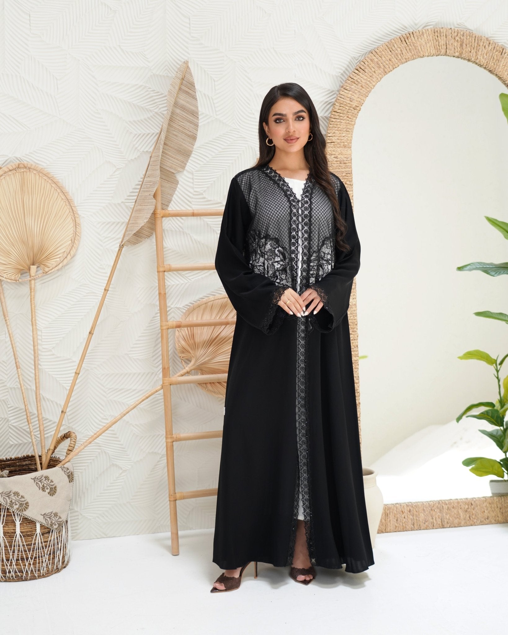 R300 Galaxy Dantel Black Abaya with stone Lace Abaya for Women UAE – Abaya – Rutba Fashion Abaya