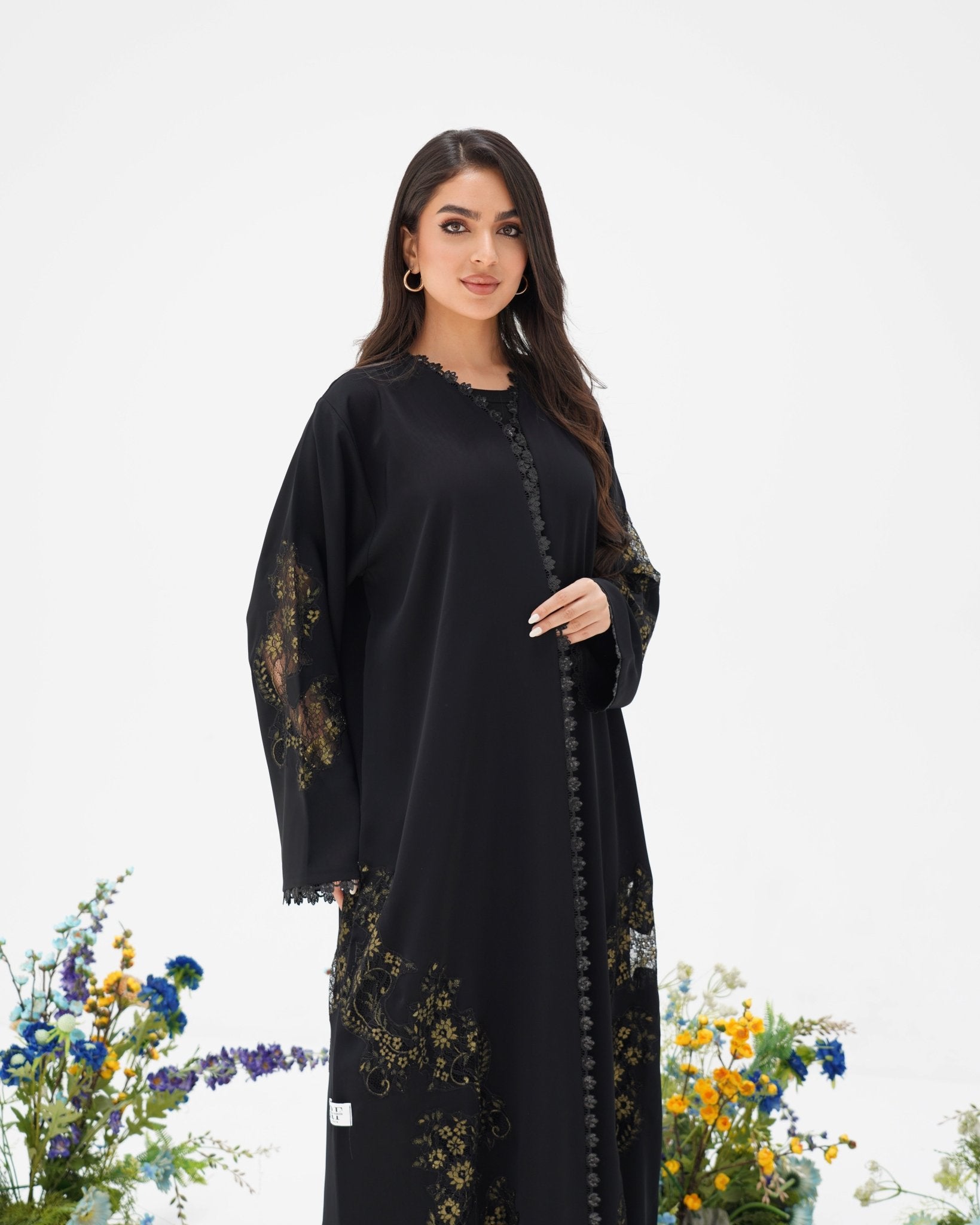 R305 Golden francy sequence lace Classic Black Abaya Abaya for Women UAE – Abaya – Rutba Fashion Abaya