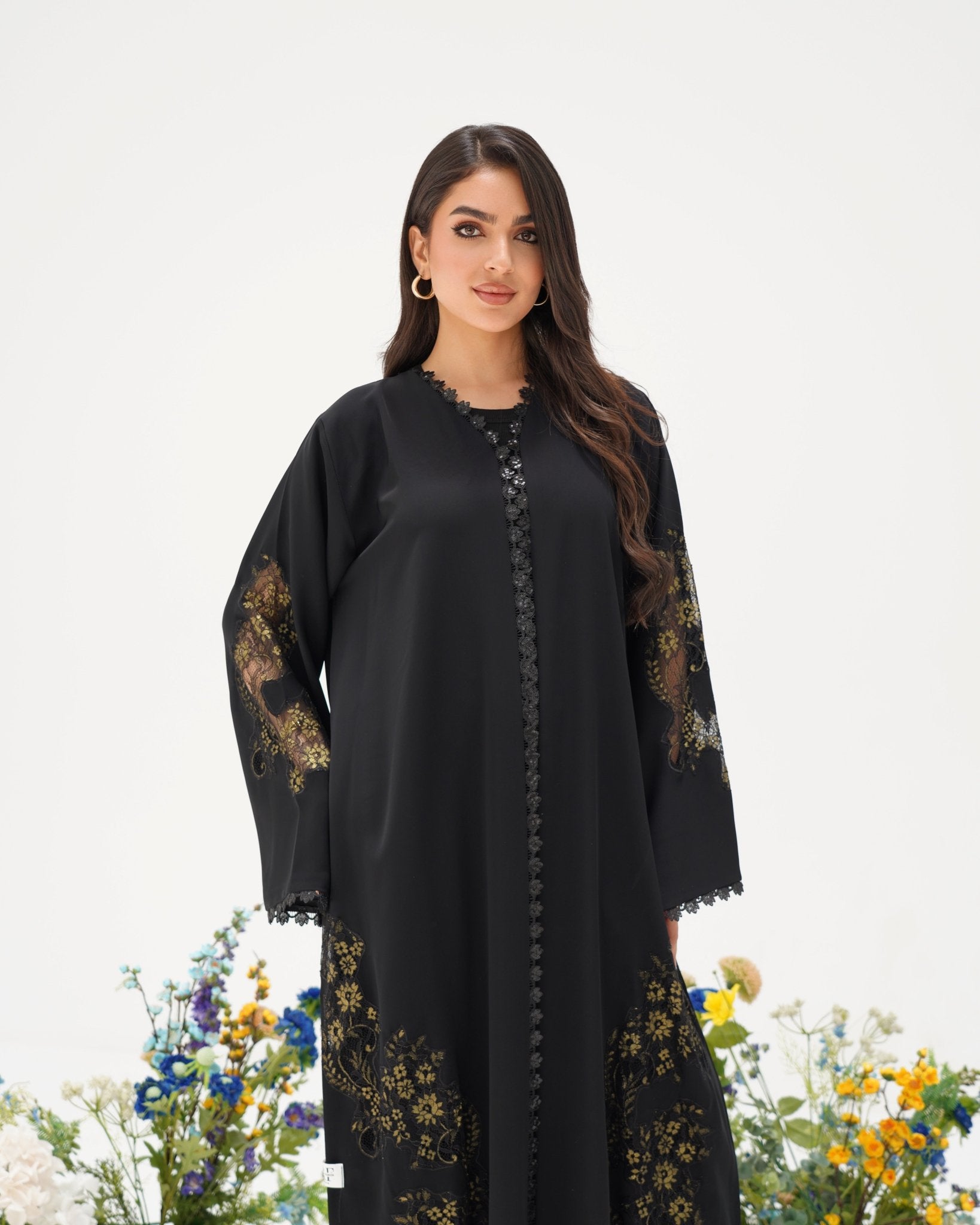 R305 Golden francy sequence lace Classic Black Abaya Abaya for Women UAE – Abaya – Rutba Fashion Abaya
