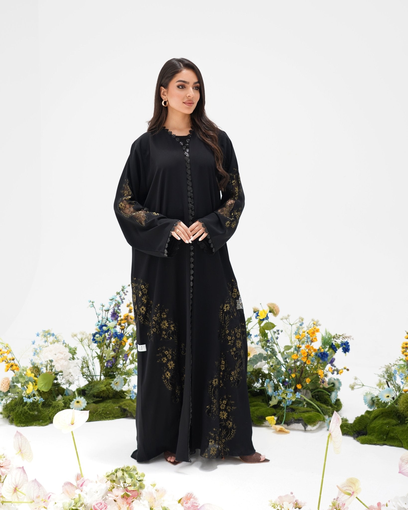 R305 Golden francy sequence lace Classic Black Abaya Abaya for Women UAE – Abaya – Rutba Fashion Abaya