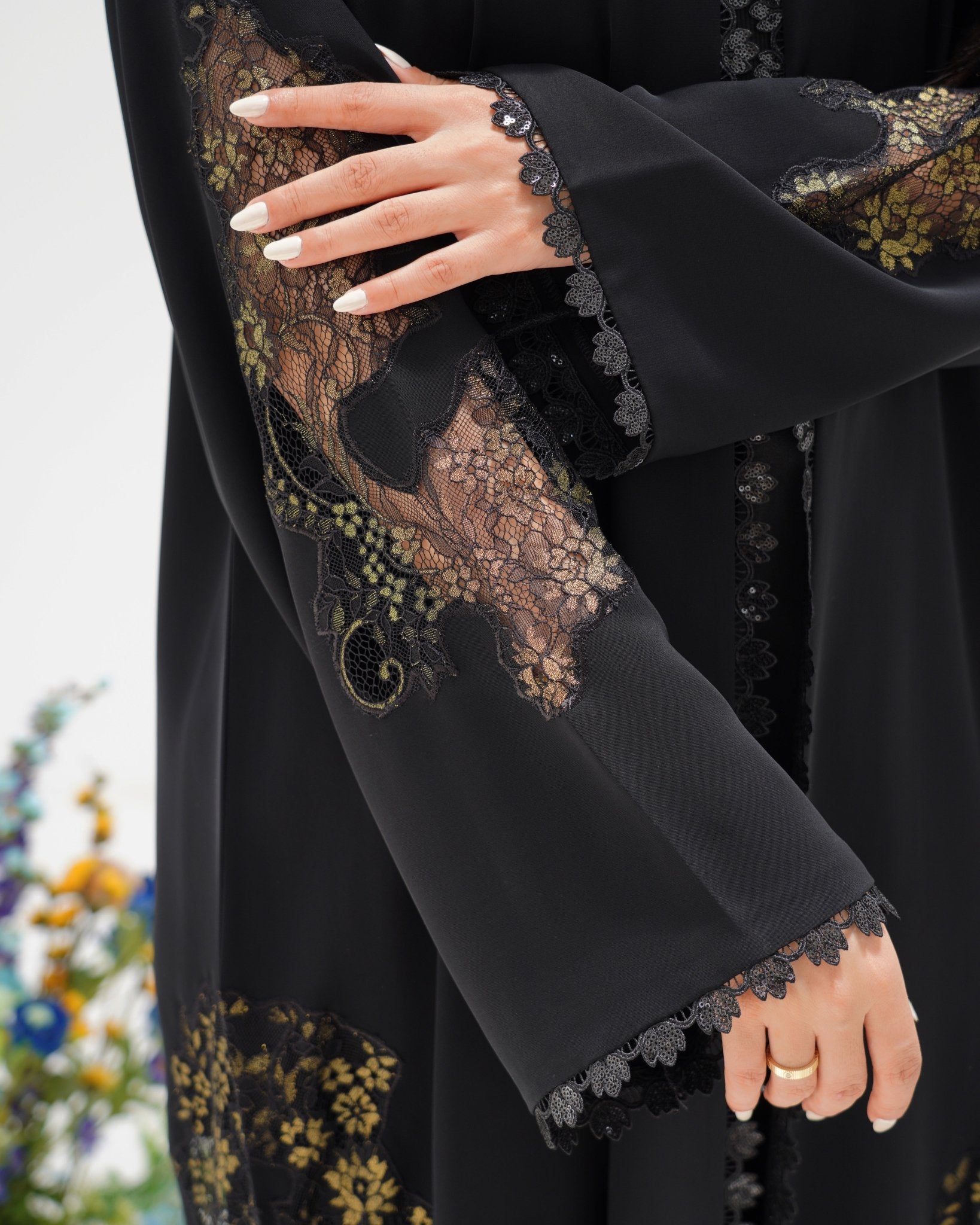R305 Golden francy sequence lace Classic Black Abaya Abaya for Women UAE – Abaya – Rutba Fashion Abaya