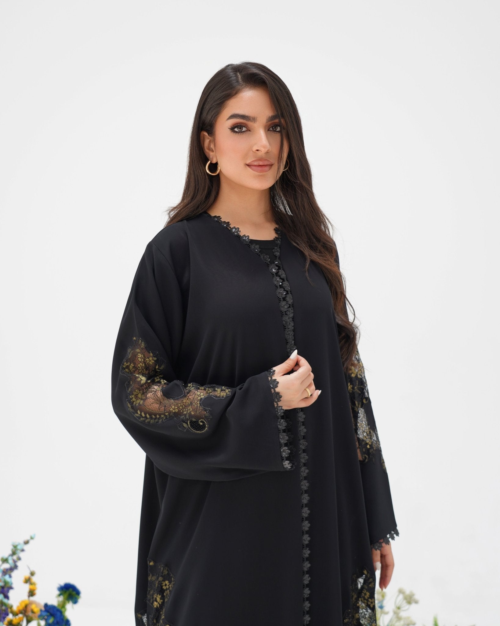 R305 Golden francy sequence lace Classic Black Abaya Abaya for Women UAE – Abaya – Rutba Fashion Abaya