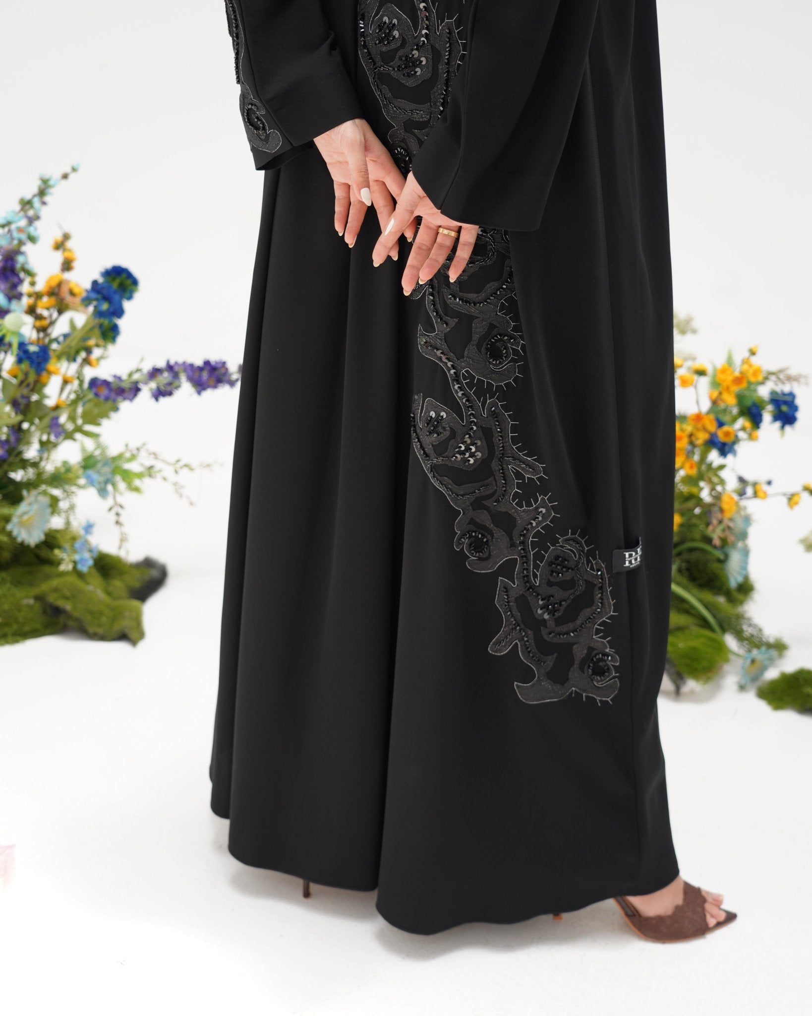 R306 Modern laser cut silver Ari with Beads work Black Abaya Abaya for Women UAE – Abaya – Rutba Fashion Abaya