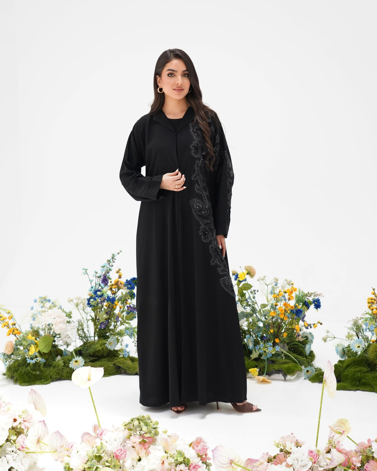 R306 Modern laser cut silver Ari with Beads work Black Abaya Abaya for Women UAE – Abaya – Rutba Fashion Abaya