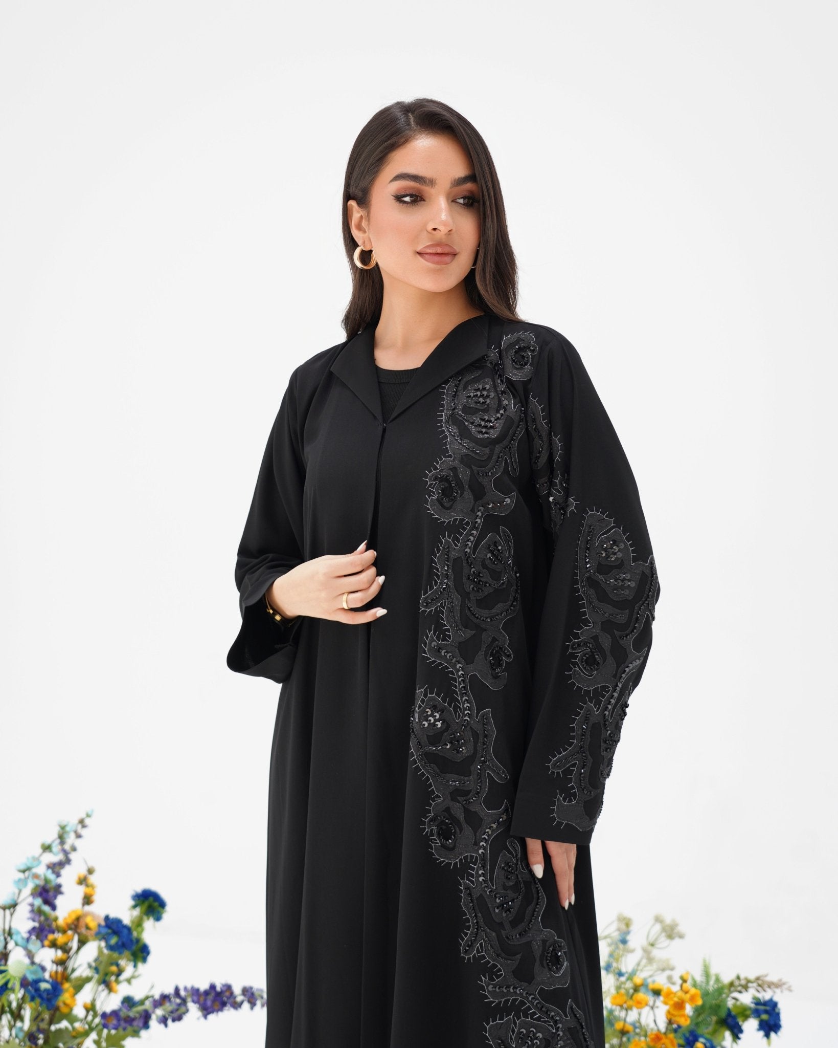 R306 Modern laser cut silver Ari with Beads work Black Abaya Abaya for Women UAE – Abaya – Rutba Fashion Abaya