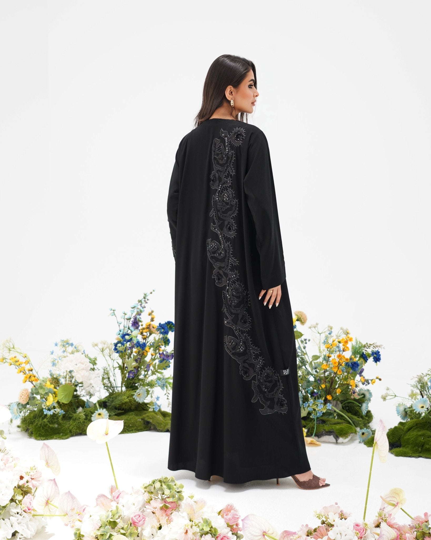 R306 Modern laser cut silver Ari with Beads work Black Abaya Abaya for Women UAE – Abaya – Rutba Fashion Abaya