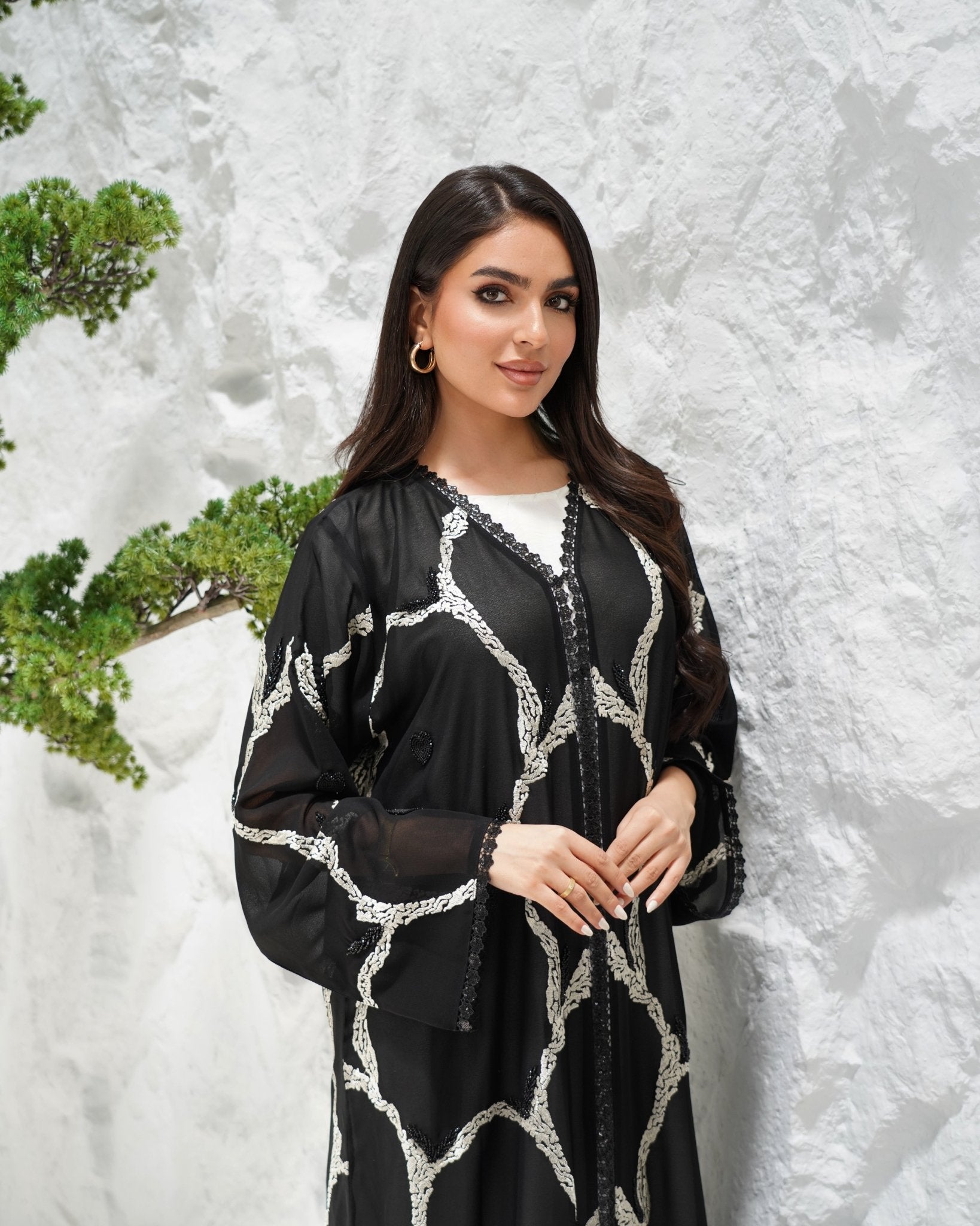 R309 Exclusively Designed with Base embroidery and handmade beads work Black and off- white contrast Abaya Abaya for Women UAE – Abaya – Rutba Fashion Abaya
