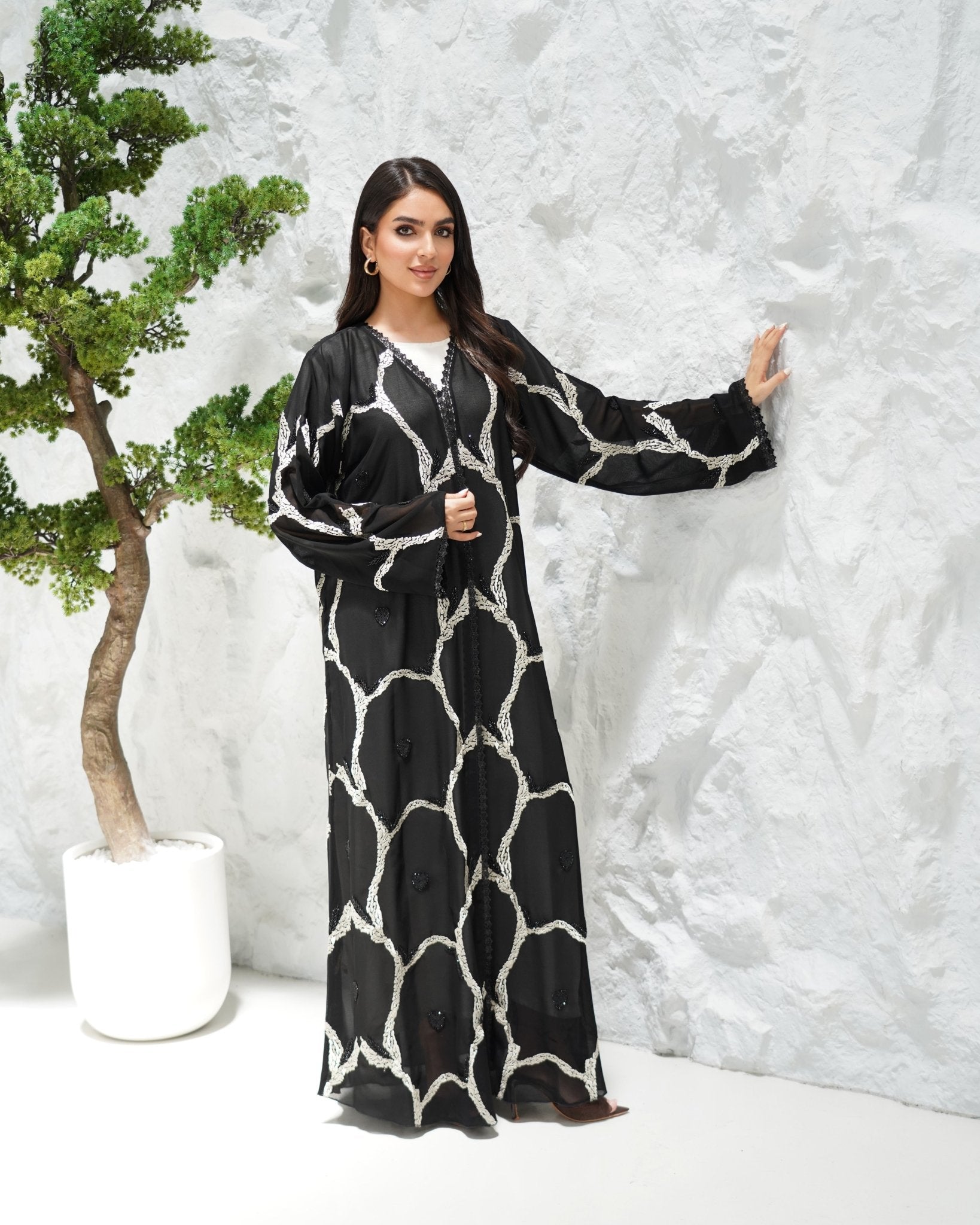 R309 Exclusively Designed with Base embroidery and handmade beads work Black and off- white contrast Abaya Abaya for Women UAE – Abaya – Rutba Fashion Abaya