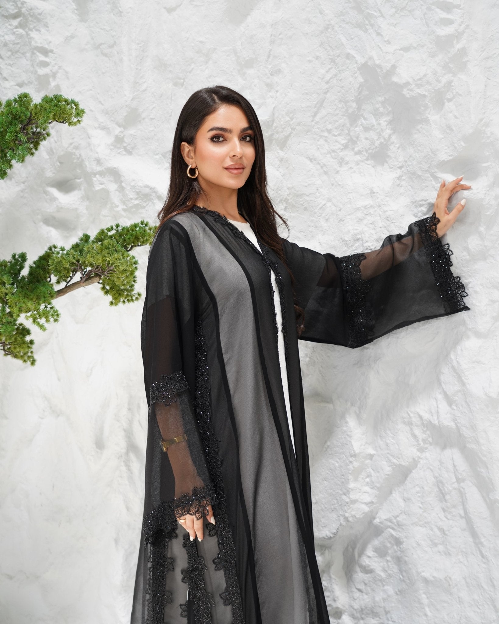 R311 Beautiful Flower Dantel Abaya with stone work Abaya for Women UAE – Abaya – Rutba Fashion Abaya