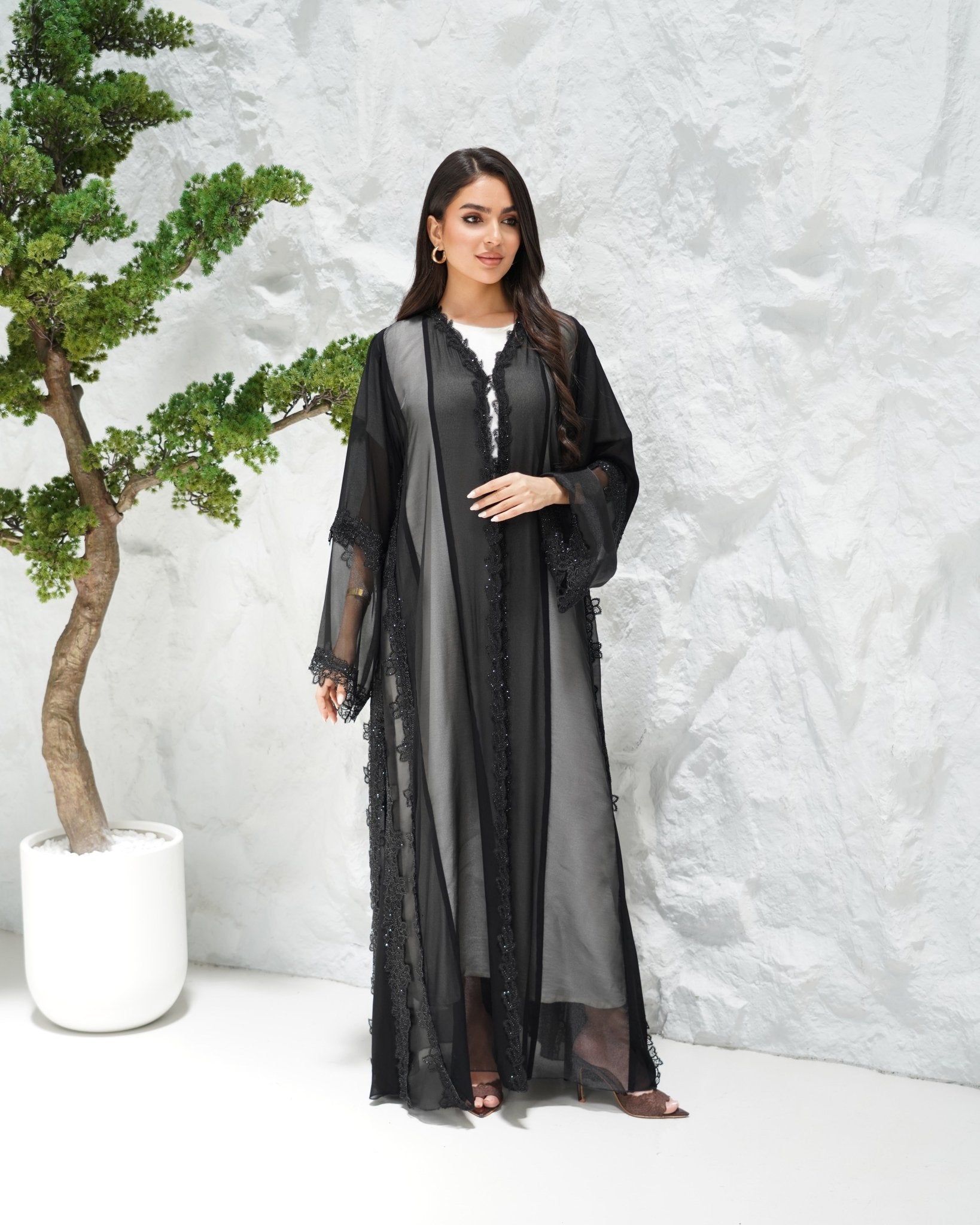 R311 Beautiful Flower Dantel Abaya with stone work Abaya for Women UAE – Abaya – Rutba Fashion Abaya