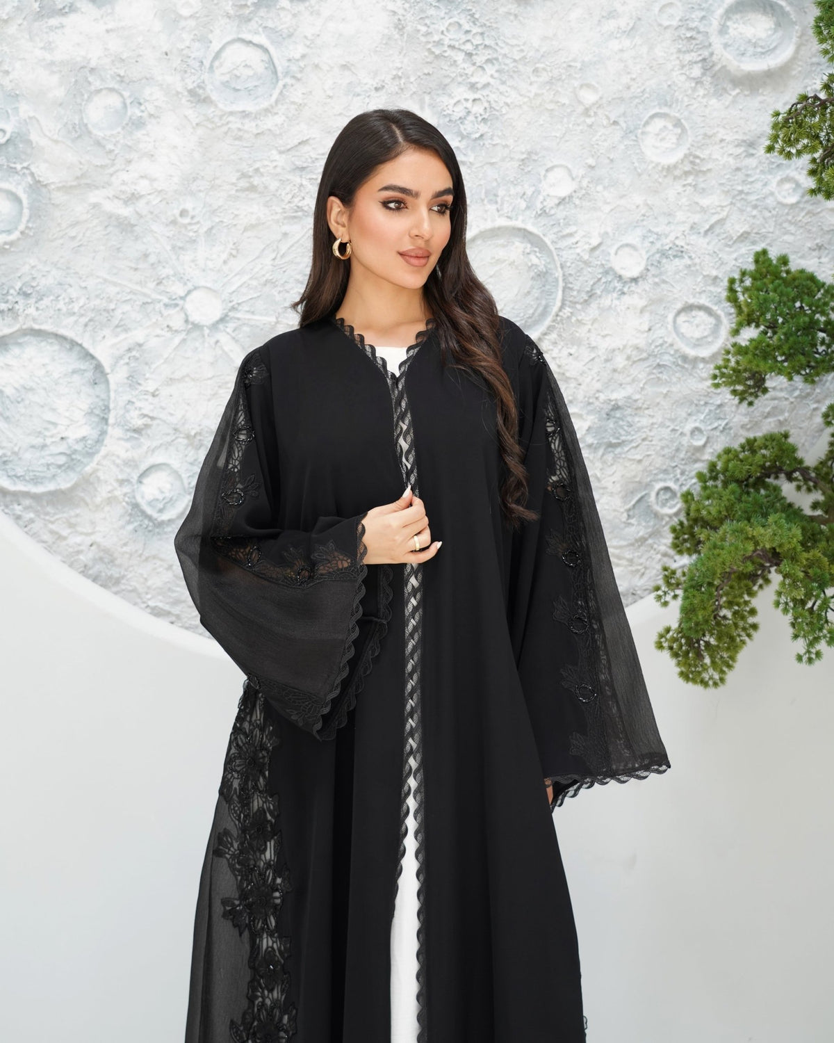 R319 Classic Black Abaya with New Frem Lace and Beads work Abaya for Women UAE – Abaya – Rutba Fashion Abaya