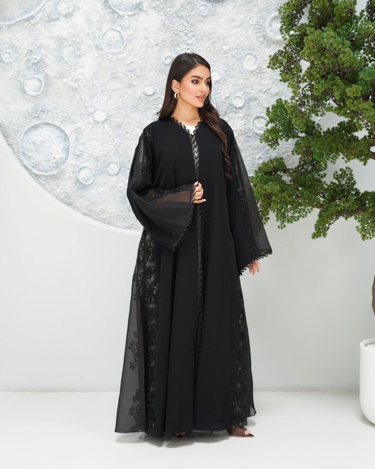 R319 Classic Black Abaya with New Frem Lace and Beads work Abaya for Women UAE – Abaya – Rutba Fashion Abaya