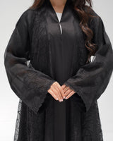 R324 Black Abaya with Floral Embroidery & Damaru Bead Handwork Abaya for Women UAE – Abaya – Rutba Fashion Abaya