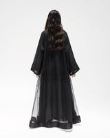 R324 Black Abaya with Floral Embroidery & Damaru Bead Handwork Abaya for Women UAE – Abaya – Rutba Fashion Abaya