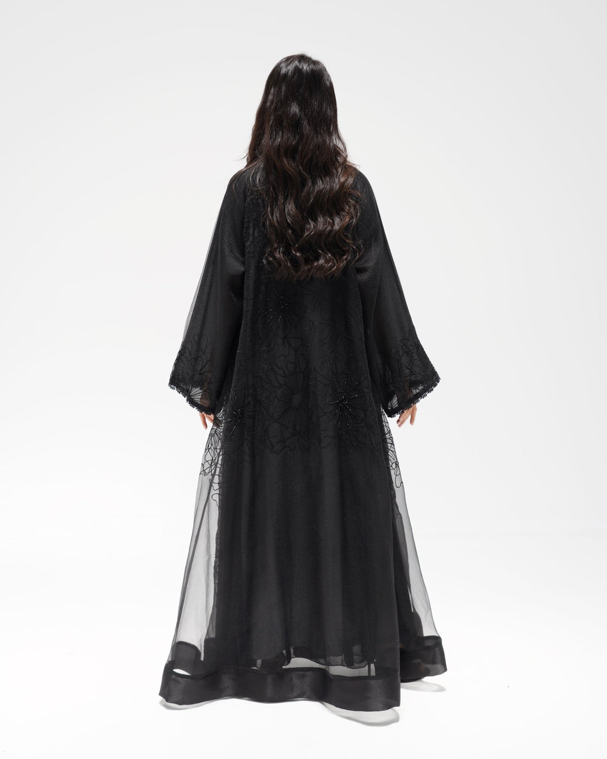 R324 Black Abaya with Floral Embroidery & Damaru Bead Handwork Abaya for Women UAE – Abaya – Rutba Fashion Abaya