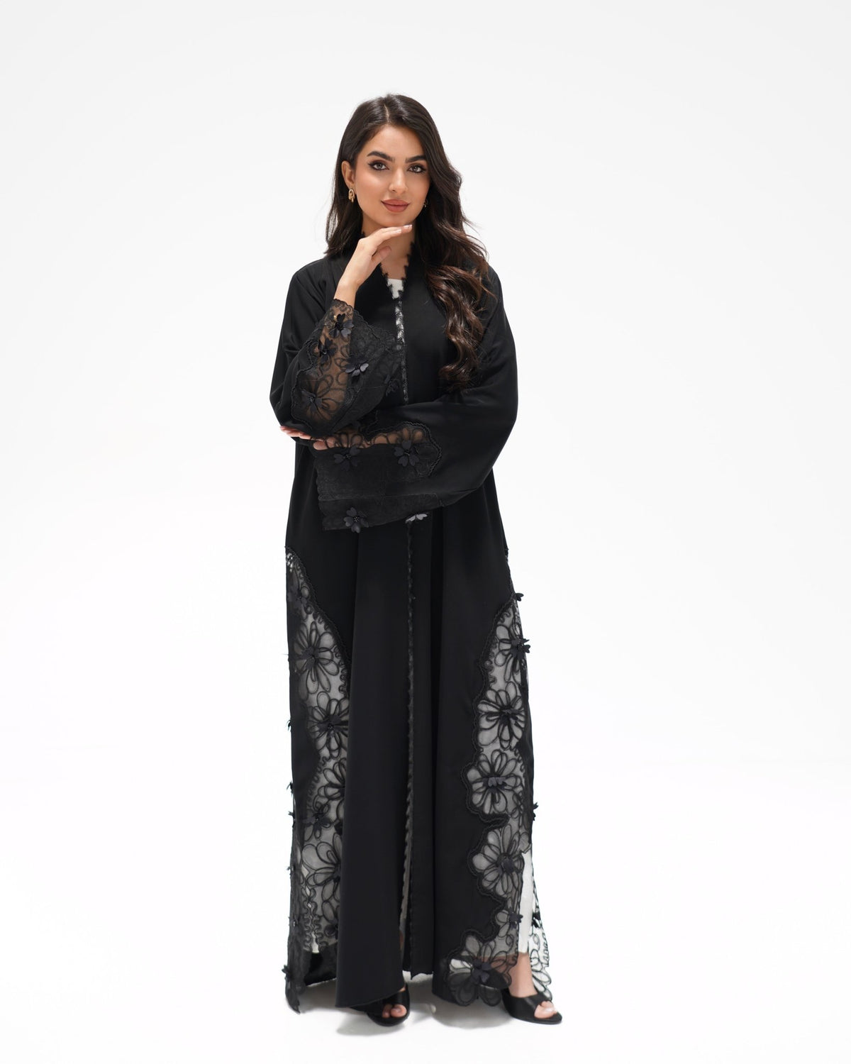 R325 Black LaserCut Floral Embroidery Lace Abaya Abaya for Women UAE – Abaya – Rutba Fashion Abaya