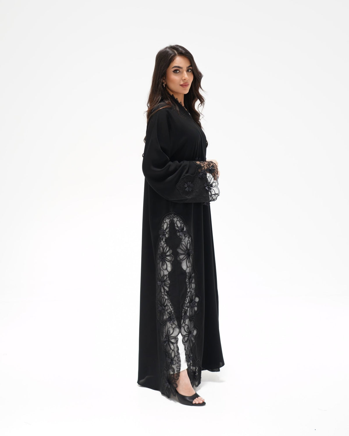 R325 Black LaserCut Floral Embroidery Lace Abaya Abaya for Women UAE – Abaya – Rutba Fashion Abaya