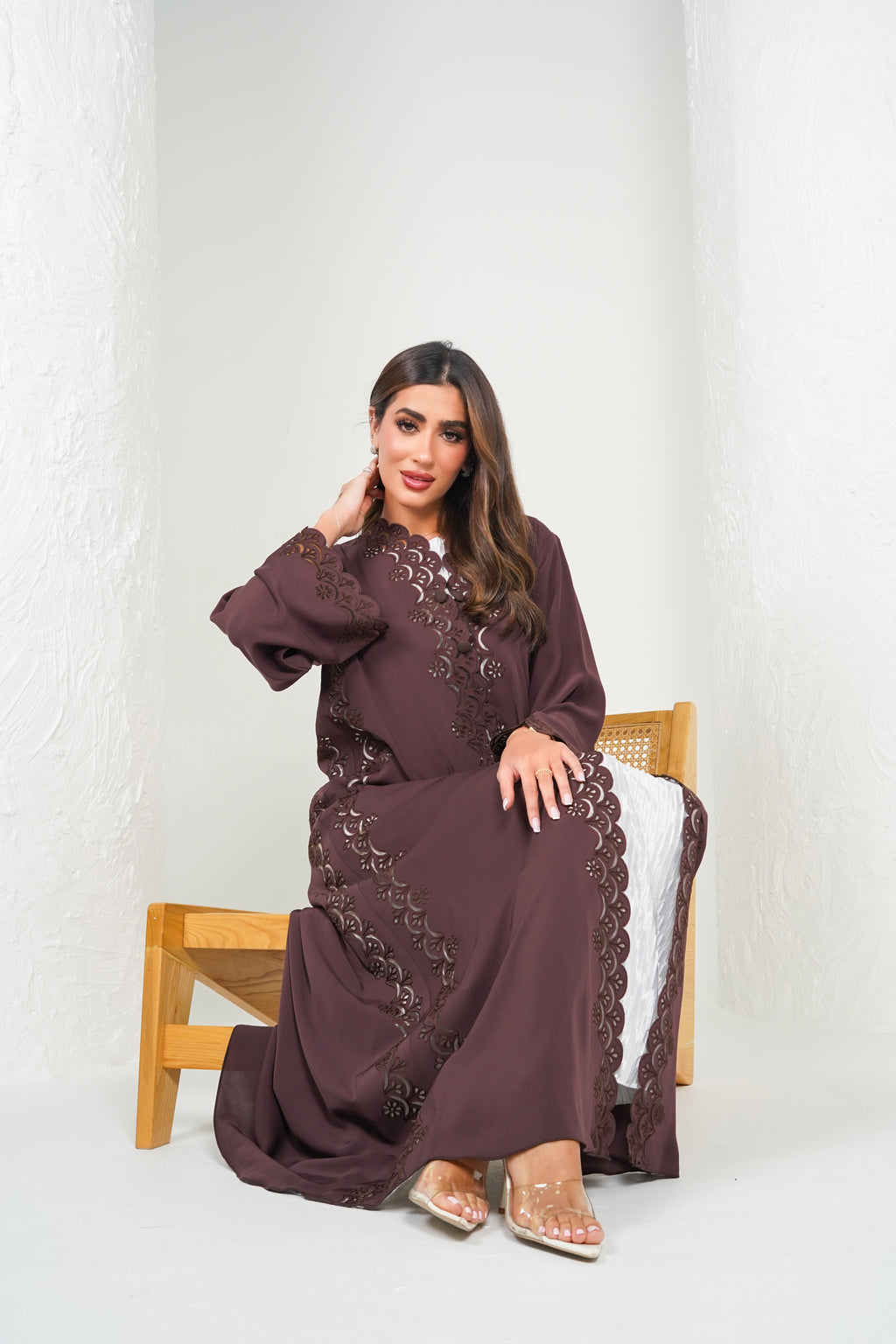 R203 Brown Laser Cut Abaya Set