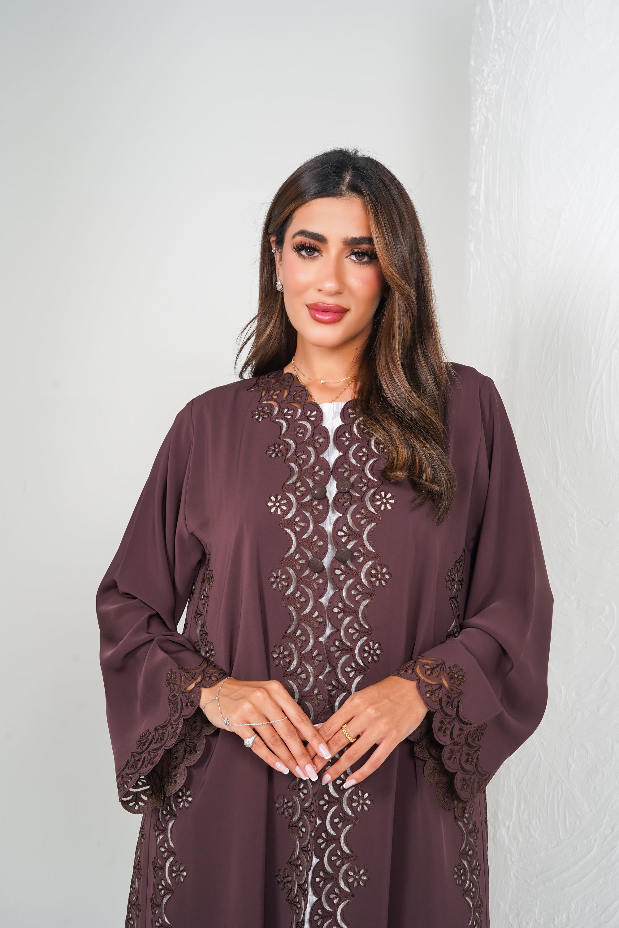 R203 Brown Laser Cut Abaya Set
