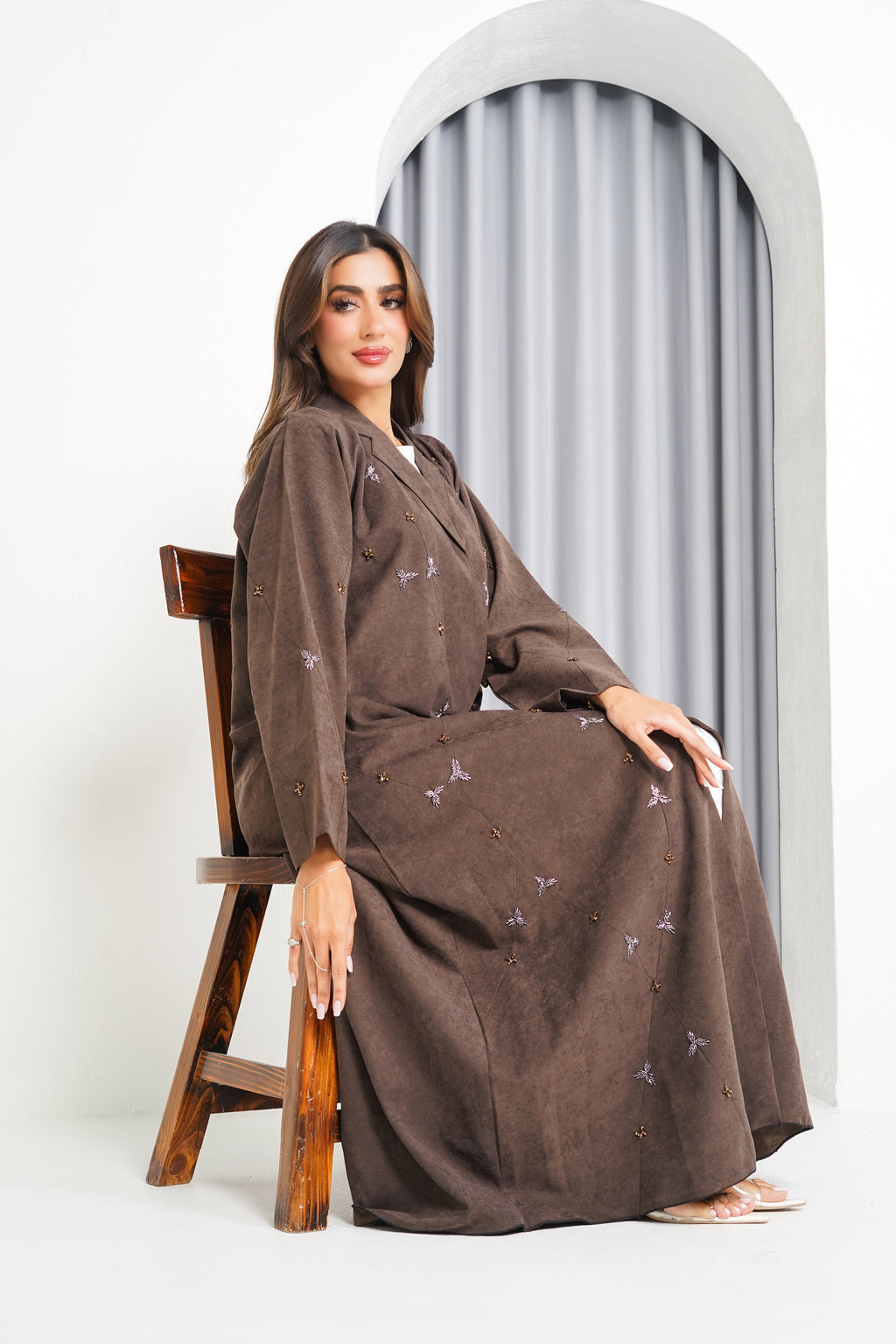 R214 Dark Brown Colour vip Abaya Set