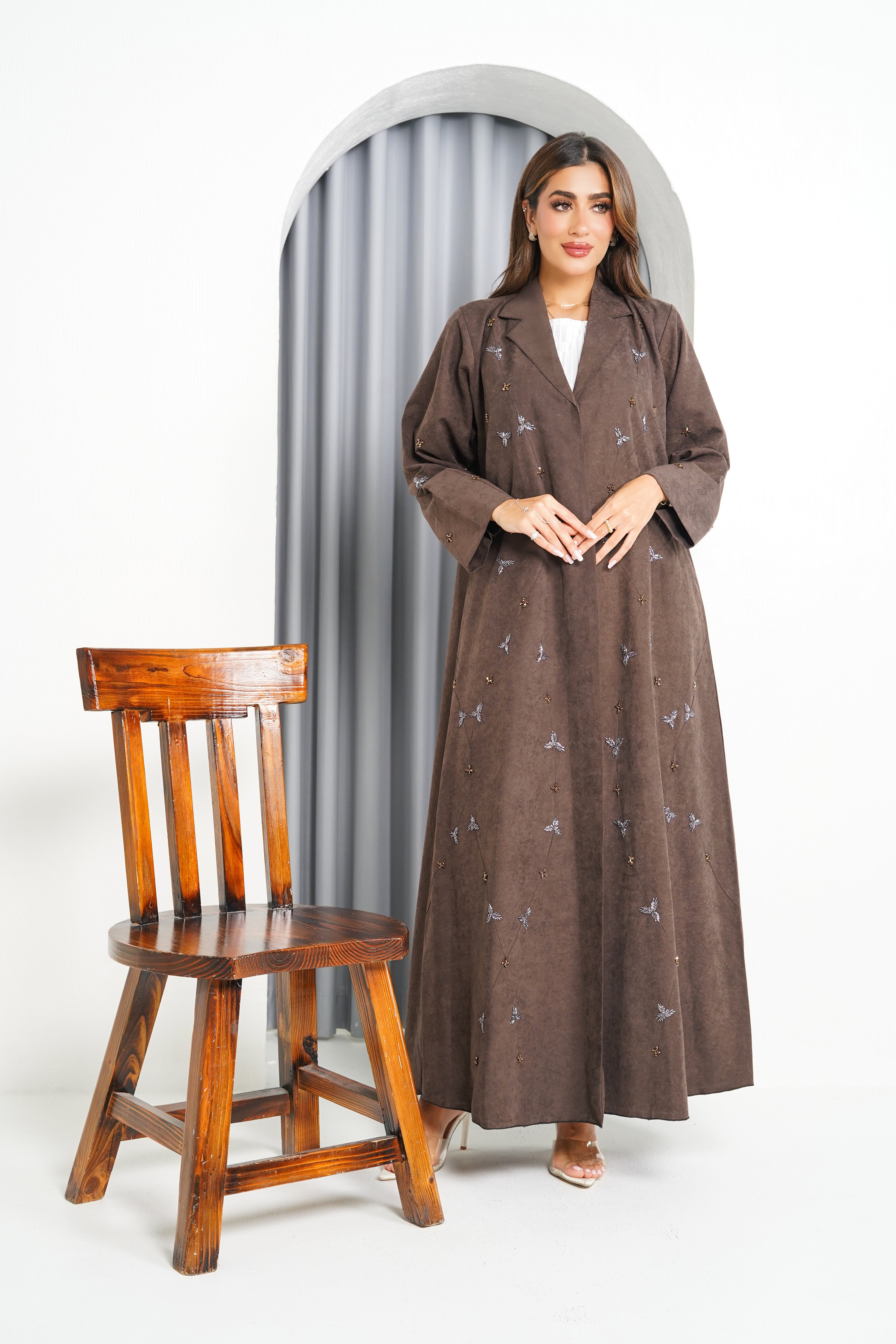 R214 Dark Brown Colour vip Abaya Set