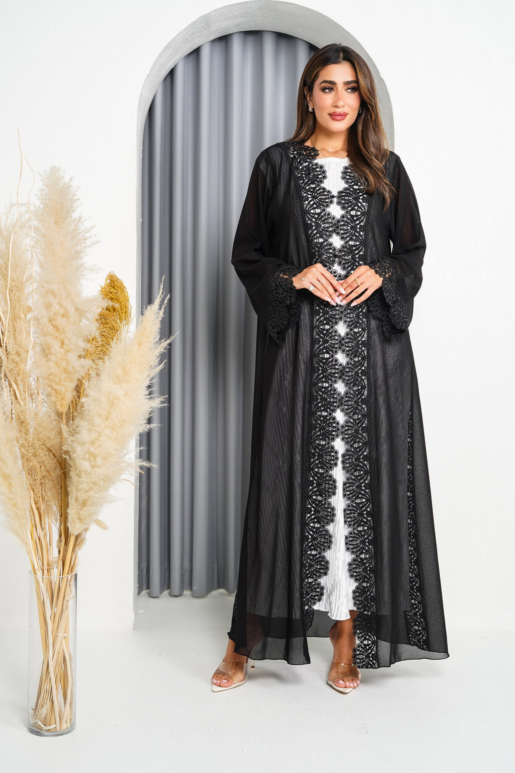 R217 Black Classic Dantil Abaya Set