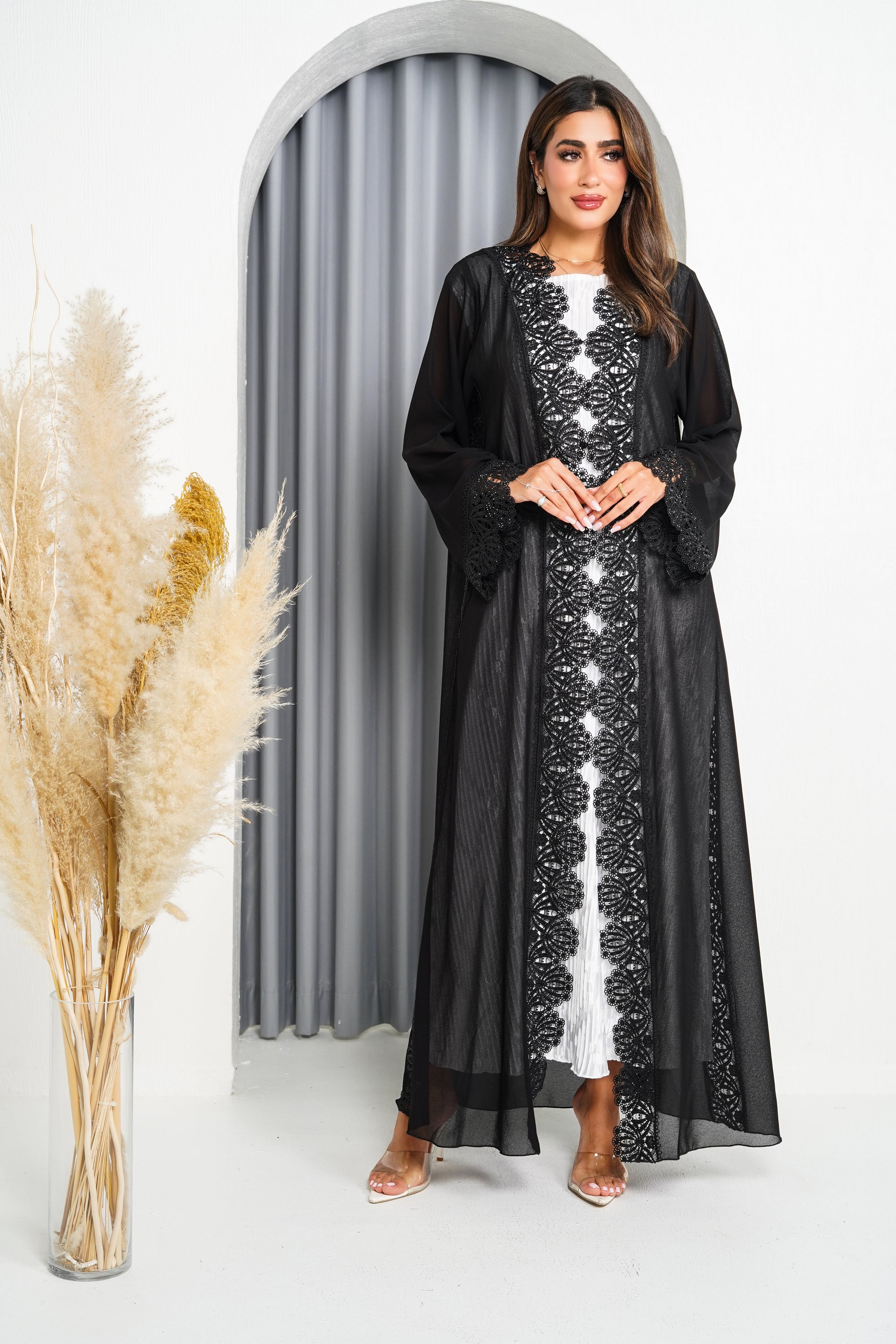 R217 Black Classic Dantil Abaya Set